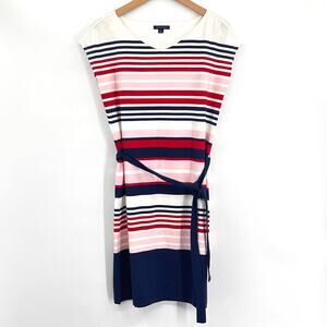 Tommy Hilfiger Dress Women’s Striped Stretch Knit Belted Red Blue White Small